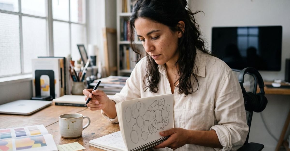 A game narrative designer at a wooden studio desk sketches story-structure diagrams in a physical notebook, bathed in soft window light, with coffee mug, color swatches, and sticky notes across a lived-in creative workspace