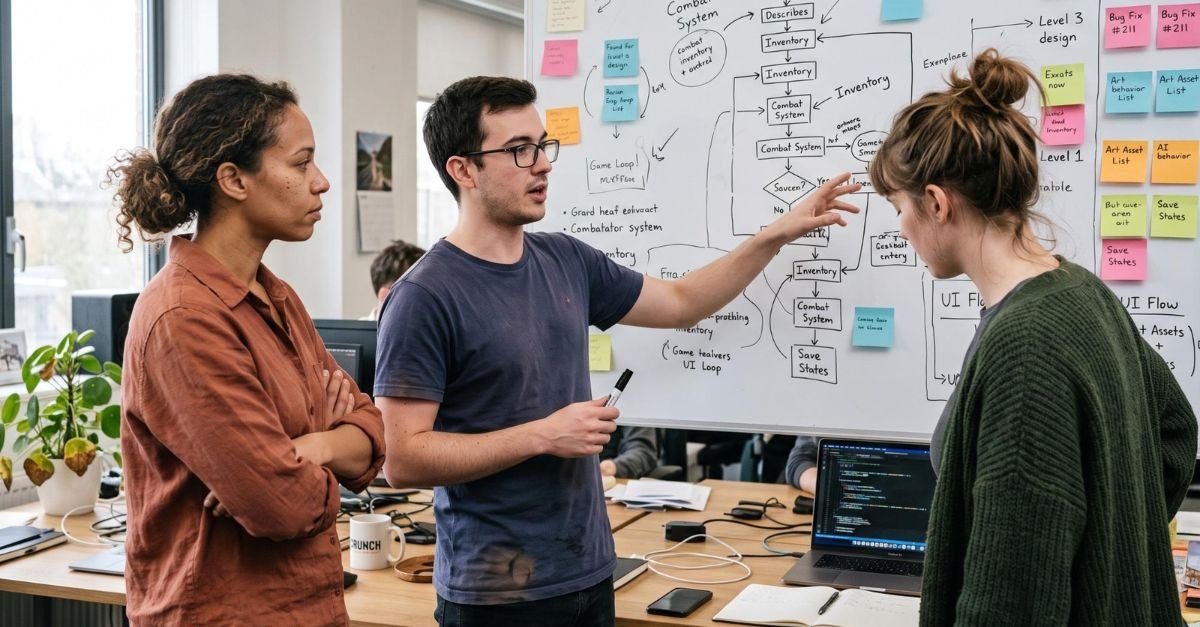 Three game developers gathered around a whiteboard covered in hand-drawn game-design flowcharts and sticky notes in a sunlit studio, mid-discussion with one gesturing toward a diagram while the others lean in